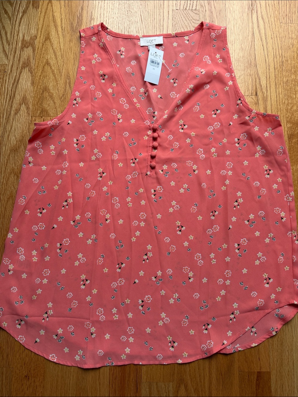 LOFT Coral Pink Floral V-Neck Tank with Covered Buttons